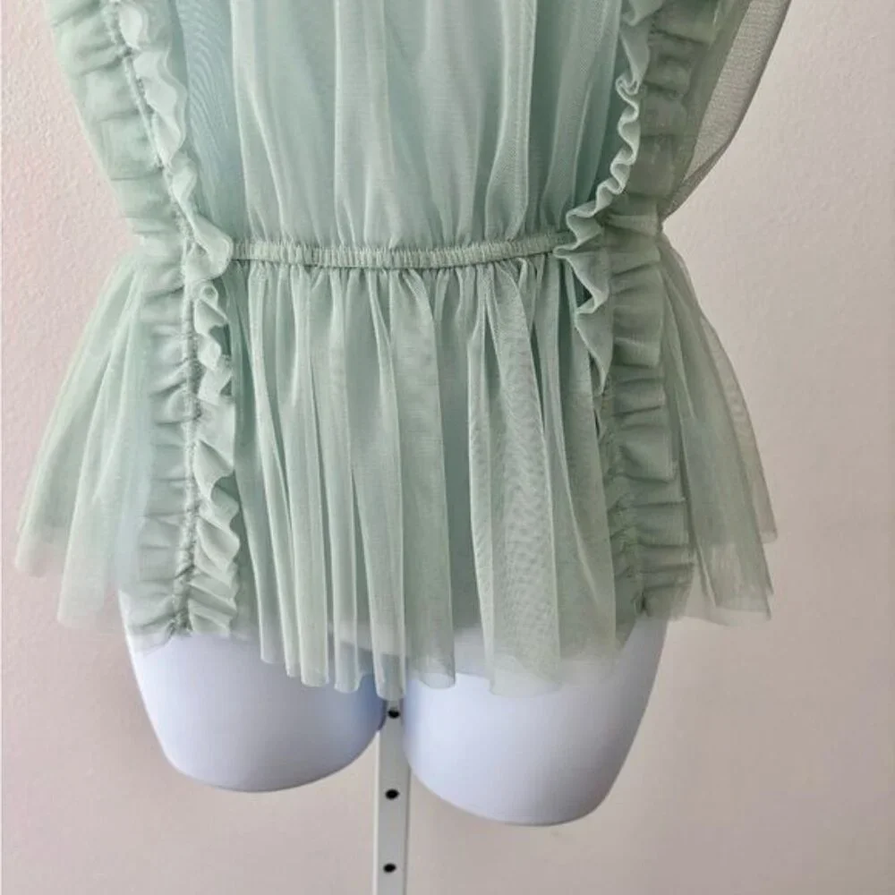 H & M Top 12 Mesh Peplum Green Ruffle Tulle Romantic Cottagecore Victorian Fairy - Picture 10 of 13
